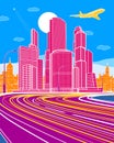 Multicolor Infrastructure illustration. Wide highway. Modern colorful town. Traffic lights. Business tower. Car overpass, urban sc